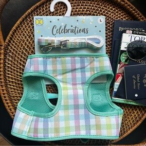 Buttons & Bones Celebrations Gingham Dog Harness Leash Pastel Set Large NWT